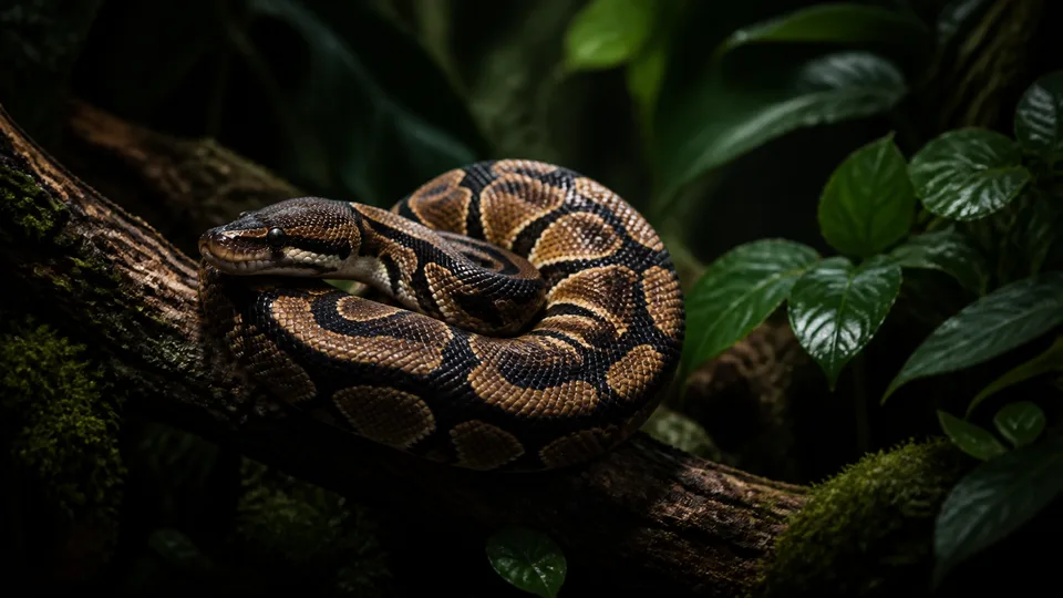 Ball python resting on a mossy branch in a dark green terrarium.