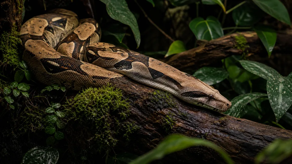 Boa constrictor resting across mossy driftwood in a tropical terrarium.