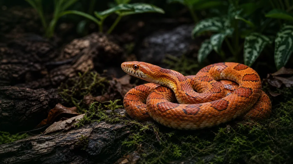 Orange corn snake coiled on moss and bark in a planted terrarium.