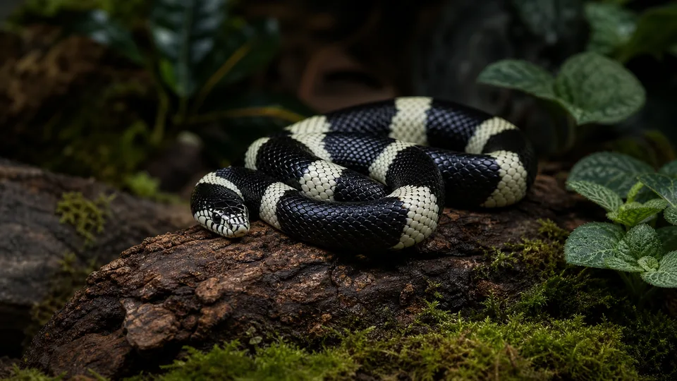 Banded kingsnake coiled on bark and moss in a woodland terrarium.